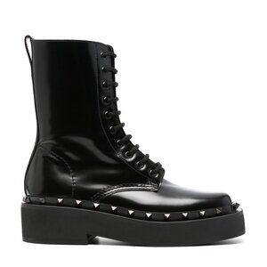 NWT Valentino Garavani Combat Boots In Black Calfskin Leather Tonal Studs Sz 38